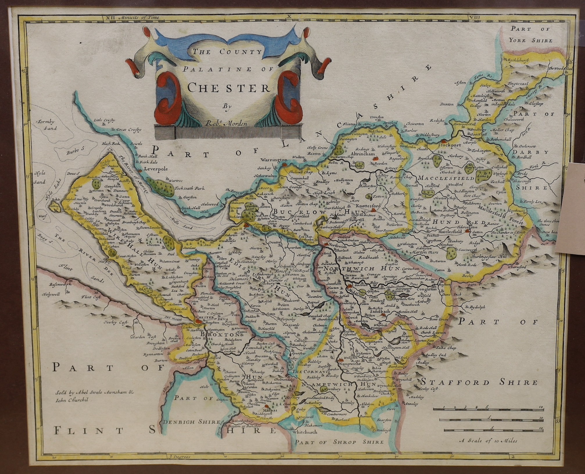 Robert Morden, two coloured engravings, Maps of Sussex and Chester, 35 x 42cm